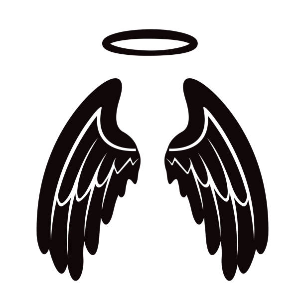 stockillustraties, clipart, cartoons en iconen met angel wing met halo black and white vector grafisch pictogram - aureool symbool