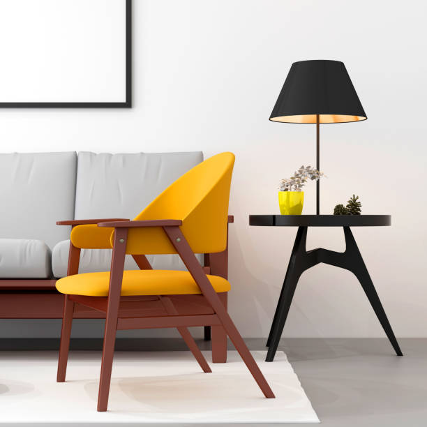 Cozy Interior with Empty Yellow Wall and Armchair. 3D Render