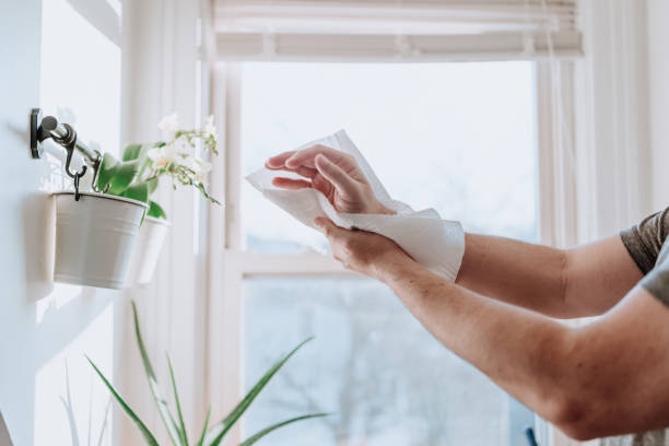 Person drying hands with paper towels to prevent disease dissemination, Covid-19 stock photo