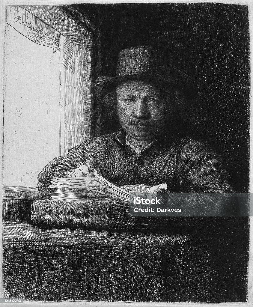 Self-Portrait  at a Window Rembrandt Harmensz van Rijn (1606-1669), Self-Portrait  at a Window,  Etching, drypoint, (160 x 130 mm), 1648. Y Rembrandt - Artist stock illustration