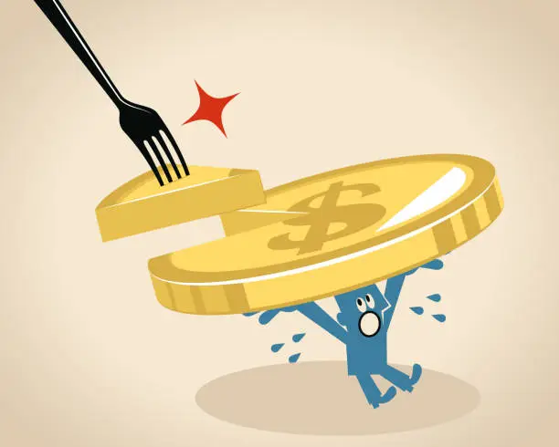 Vector illustration of Businessman carrys a dollar sign coin (pie, cake) missing a slice which is stolen by a big fork