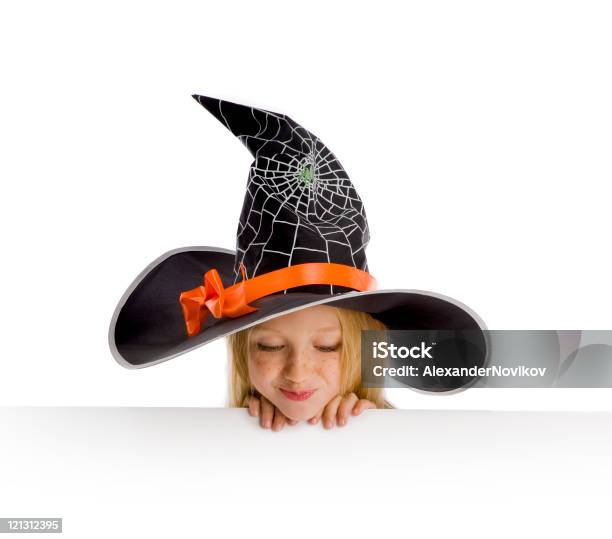 Little Funny Witch Holding A Sign Stock Photo - Download Image Now - Autumn, Banner - Sign, Blank