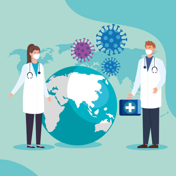 coronavirus 2019 with couple doctor and world planet coronavirus 2019 with couple doctor and world planet vector illustration design earth first aid stock illustrations