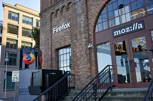 San Francisco, CA, USA - Feb 9, 2020: Mozilla Headquarters exterior. Mozilla (stylized as moz://a) is a free software community founded in 1998 by members of Netscape.