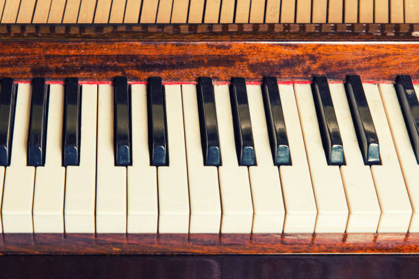 istock Piano keyboard background with selective focus. Warm color toned image 1213129944