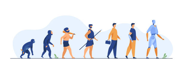Human evolution from monkey to cyborg Human evolution from monkey to cyborg. Primate, ancestor, caveman, homo sapience, disabled man with prosthesis, robot. Vector illustration for anthropology, history, development concept evolution stock illustrations