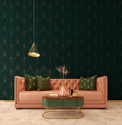 Classic interior Art deco style.Sofa  with lamp and vase on table.Marble floor.Dark green wall with art deco pattern.3d rendering