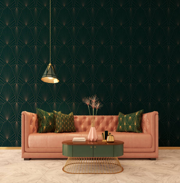 Classic interior Art deco style.Sofa with lamp and vase on table.Marble floor.Dark green wall with art deco pattern. Classic interior Art deco style.Sofa with lamp and vase on table.Marble floor.Dark green wall with art deco pattern.3d rendering art deco vase stock pictures, royalty-free photos & images