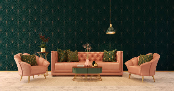 Classic interior Art deco style.Sofa,armchairs,table with lamp.Marble floor and rug. Classic interior Art deco style.Sofa,armchairs,table with lamp.Marble floor and rug.3d rendering art deco vase stock pictures, royalty-free photos & images