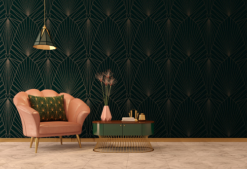 Art Deco interior in classic style with pink armchair and pillow.Vase on table.Dark green wall with ceiling lamp.