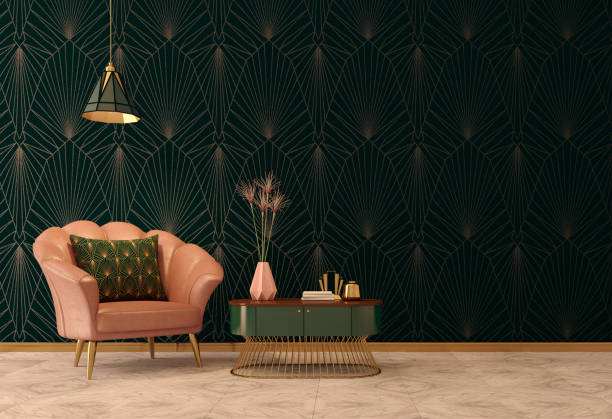 Art Deco interior in classic style with pink armchair and pillow.Vase on table.Dark green wall with ceiling lamp. Art Deco interior in classic style with pink armchair and pillow.Vase on table.Dark green wall with ceiling lamp.3d rendering. art deco vase stock pictures, royalty-free photos & images