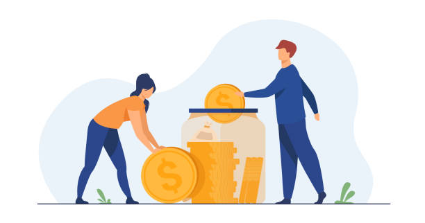 Family couple saving money Family couple saving money. Man and woman inserting cash into glass jar. Vector illustration for finance, deposit, economy, investment, banking, concept budget illustrations stock illustrations