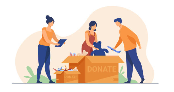 Volunteers packing donation boxes Volunteers packing donation boxes. People donating toys, foods, sweets. Vector illustration for charity, welfare, assistance concept volunteer illustrations stock illustrations