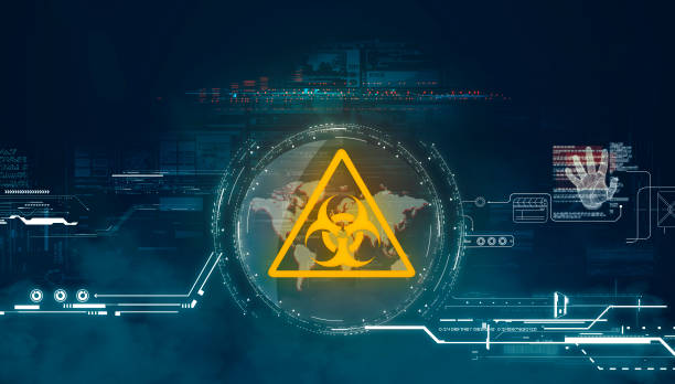 istock Futuristic screen with biohazard icon and big data information .  Statistics of virus spreading over the world. 1213135684