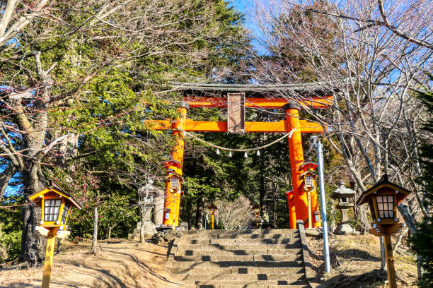 Japan - Torri on the way to Chureito Pagoda Orange Torii leading to Chureito Pagoda in Japan. The torri has bright orange color, tress surrounding it from each side. The torii is lighted up with sunlight. Small lanterns on the side. torri gate stock pictures, royalty-free photos & images