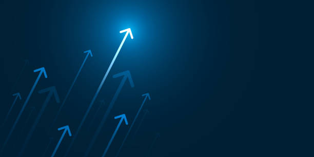 istock Up light arrow on dark blue background with copy space, business growth concept. 1213137187