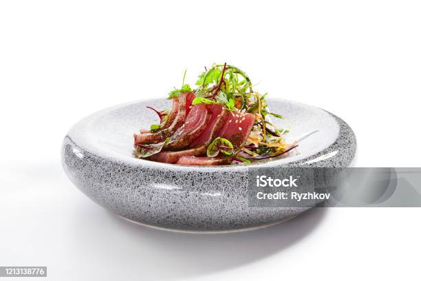 Tataki Tuna Side View Stock Photo - Download Image Now - Plate, Slice of Food, Asia