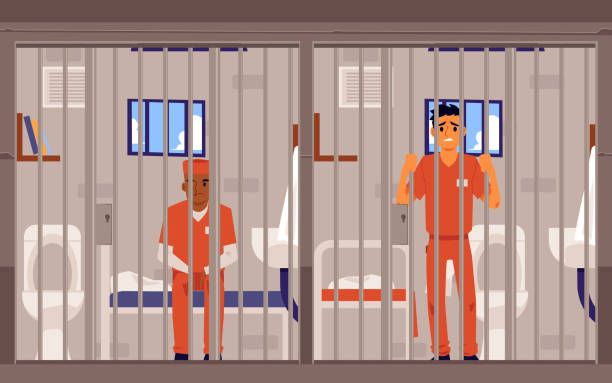 więźniowie więzienni mężczyźni postaci z kreskówek w więzieniu, płaska ilustracja wektorowa. - lawbreaker stock illustrations
