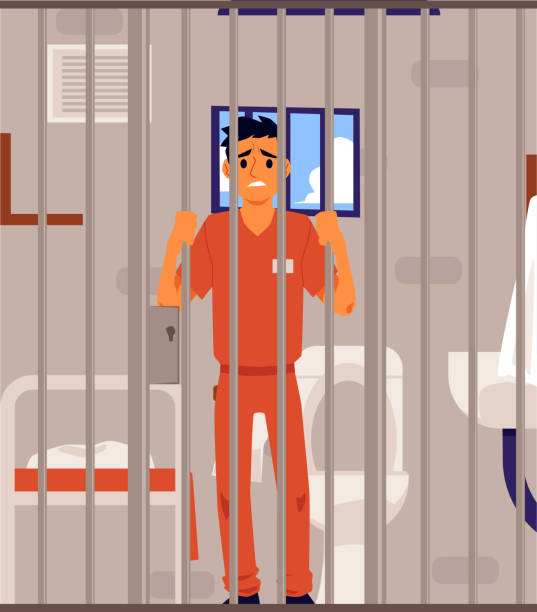 ilustraciones, imágenes clip art, dibujos animados e iconos de stock de triste criminal en la celda de la prisión mirando a través de barras de metal - hombre de dibujos animados en la cárcel - orange uniform
