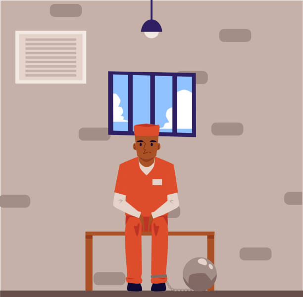 illustrazioni stock, clip art, cartoni animati e icone di tendenza di prigioniero in gambe in cella, illustrazione vettoriale piatta isolata. - lawbreaker