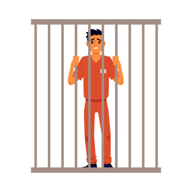 illustrazioni stock, clip art, cartoni animati e icone di tendenza di detenuti detenuti uomini personaggi dei cartoni animati in prigione, illustrazione vettoriale piatta. - rompers