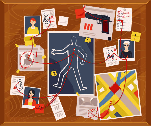 Evidence board for police detective murder investigation with photos Evidence board for police detective murder investigation with suspect photos, victim body outline and newspaper clippings connected with red thread. Vector illustration detective map stock illustrations