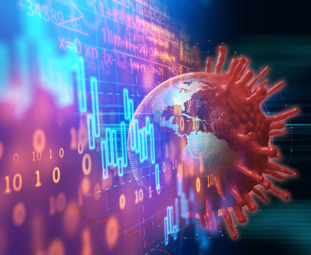 istock Down trend financial graph on nCov corona virus microscope image ,3d illustration 1213141798