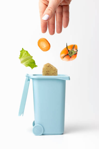 istock Female hand throws organic trash into trash can, white background 1213142246