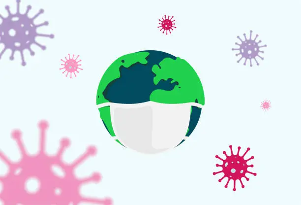 Vector illustration of Planet Earth with a medical mask. Coronavirus in the world concept. Vector illustration for Coronavirus pandemic