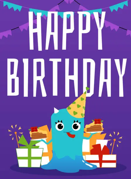 Vector illustration of Birthday card template for monster theme party flat cartoon vector illustration.