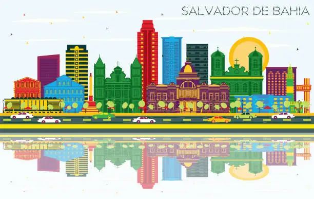 Vector illustration of Salvador de Bahia Brazil City Skyline with Color Buildings, Blue Sky and Reflections.