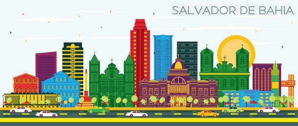 ilustrações, clipart, desenhos animados e ícones de horizonte da cidade de salvador da bahia com edifícios coloridos e céu azul. - salvador