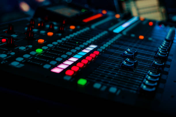istock Closeup pro audio digital mixing console in dark club 1213145552