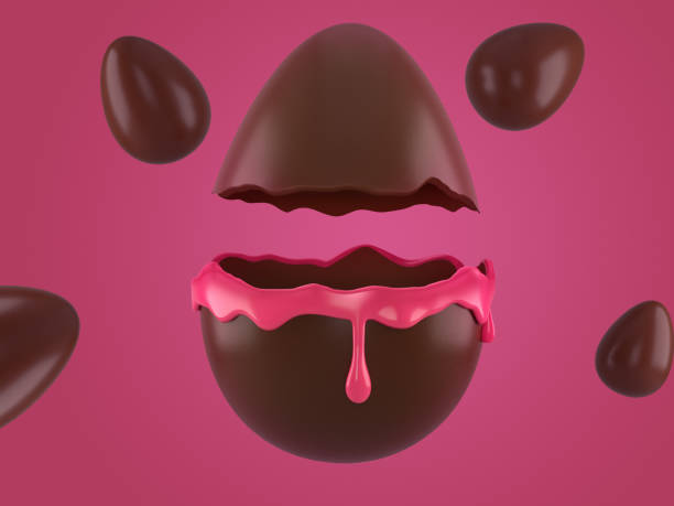 Chocolate egg cut in half with flowing pink filling on a pink background. Happy Easter 3D render. Holiday background. Place for your text. Pink background stock photo