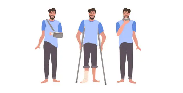 Vector illustration of set man with injuries fracture of leg arm and neck damage guy with gypsum and fixing collar broken limbs collection flat full length horizontal
