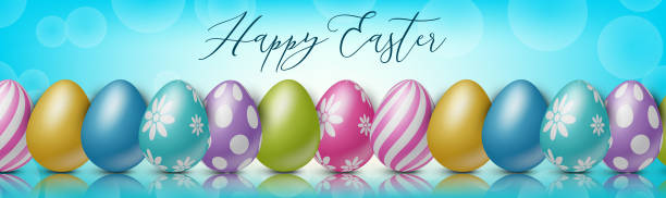 istock Happy Easter holiday banner or newsletter header. Colorful eggs on glass surface and blue background. Vector illustration with lettering. 1213147139