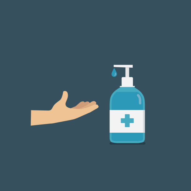 orang-orang mengoleskan hand sanitizer atau sabun. gel desinfeksi - dispenser ilustrasi stok