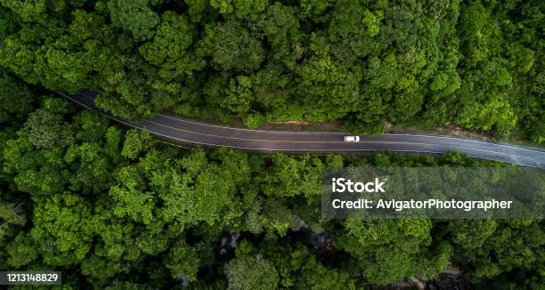 Foto de Vista Aérea Estrada Asfáltica E Floresta Verde Estrada Florestal Passando Por Floresta Com Vista Para A Aventura Do Carro De Cima Conceitos De Ecossistema E Ecologia De Ambiente Saudável E Fundo e mais fotos de stock de Carro