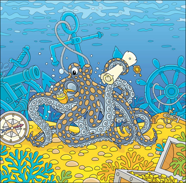 Octopus pirate with a map of a treasure island Sea corsair Octopi with a big wooden chest of gold from an old sunken ship among wreckage of a shipwreck on a coral reef, vector cartoon illustration treasure island map stock illustrations