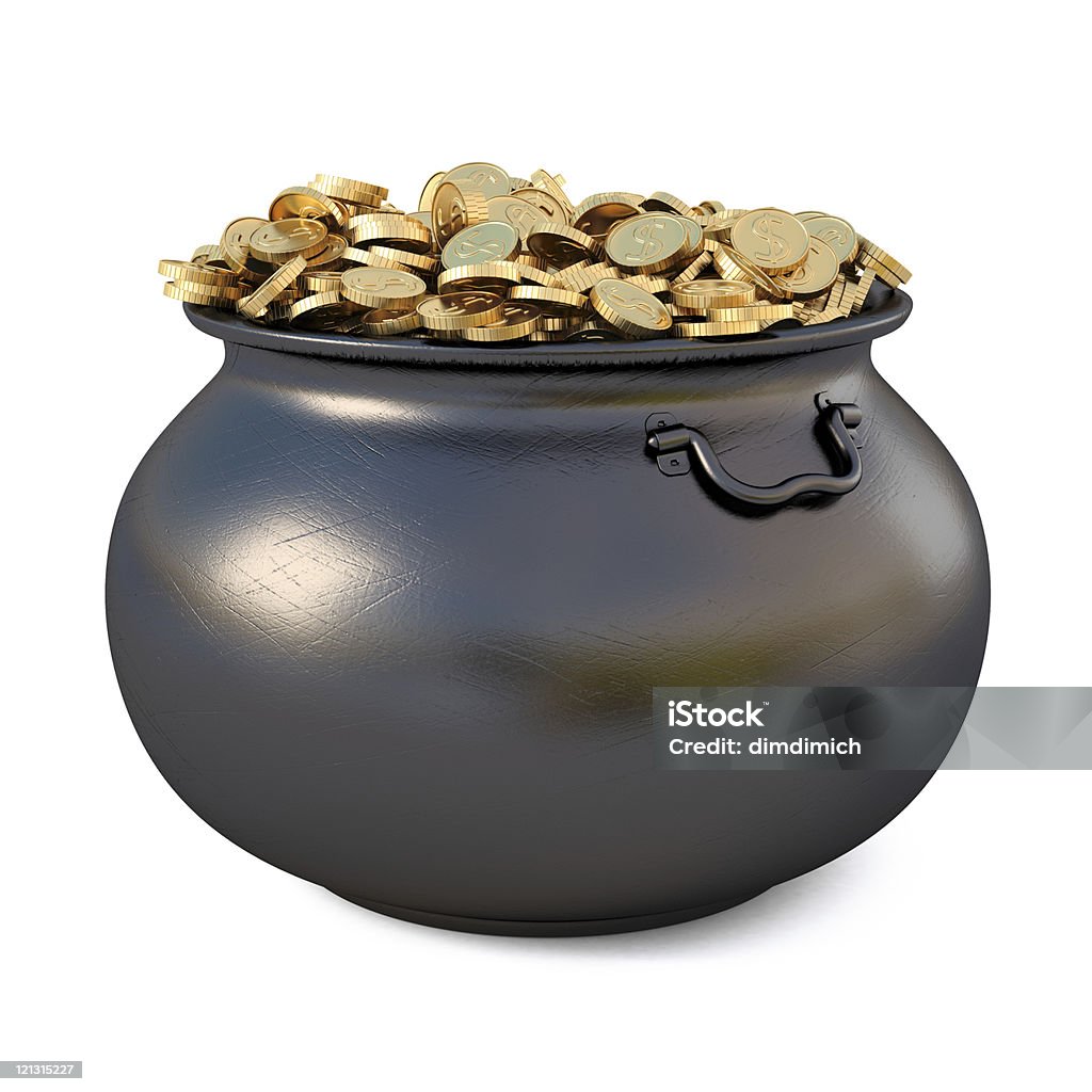 A black cauldron filled with gold Pot of gold coins. isolated on white. Pot Of Gold Stock Photo