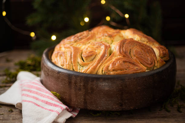 Homemade festive bread on old wood table