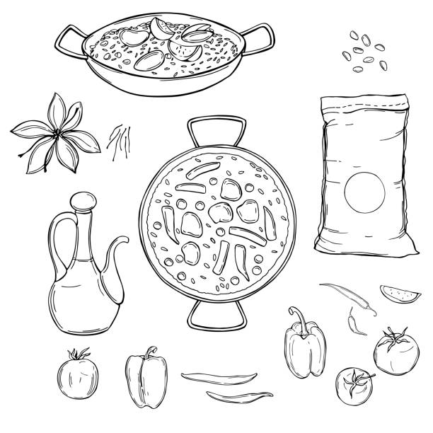 ilustrações de stock, clip art, desenhos animados e ícones de paella set. vector  illustration - vegetables table