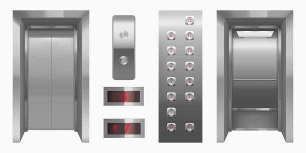 閉じた、開いたドアが付いている現実的なエレベーターの小屋 - elevator push button stainless steel floor点のイラスト素材／クリップアート素材／マンガ素材／アイコン素材