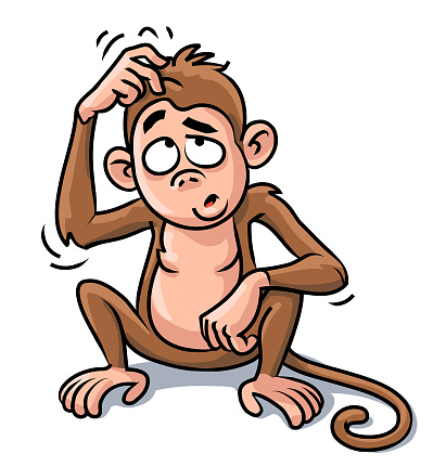 Vector illustration of a cute little monkey sitting on the floor, scratching its head. Concept for confusion, problems, problem solving, ideas, thinking, puzzles, itch and itchiness.
