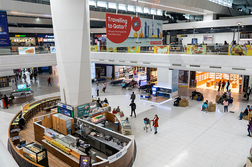 Delhi, India - December 14, 2019: Shops inside the terminal inside Indira Gandhi International Airport.