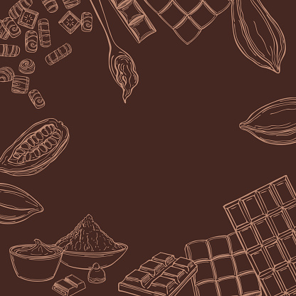 Vector background with chocolate, sweets and cocoa beans. Vector sketch  illustration.