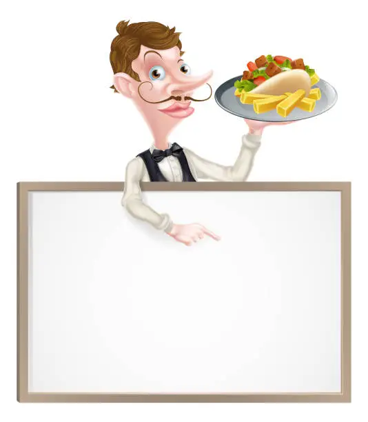 Vector illustration of Cartoon Kebab and Chips Waiter Sign