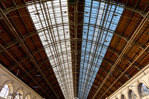 Budapest/Hungary- Feb 14, 2020: The Interior of Keleti Railway Station is one the oldest in Europe. Connecting Hungary and the rest of Europe together.