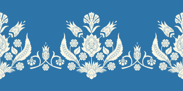 터키어 아랍어 패턴 벡터 원활한 테두리입니다. 꽃 모티프가 있는 다마스크 감촉 디자인. 아라베스크 플로럴 텍스처 - textile blue leaf paisley stock illustrations