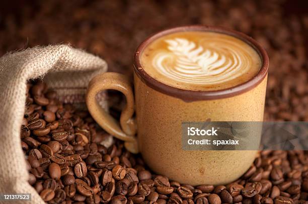 Coffee Cup With Burlap Sack Of Roasted Beans Stock Photo - Download Image Now - Brown, Burlap, Cappuccino